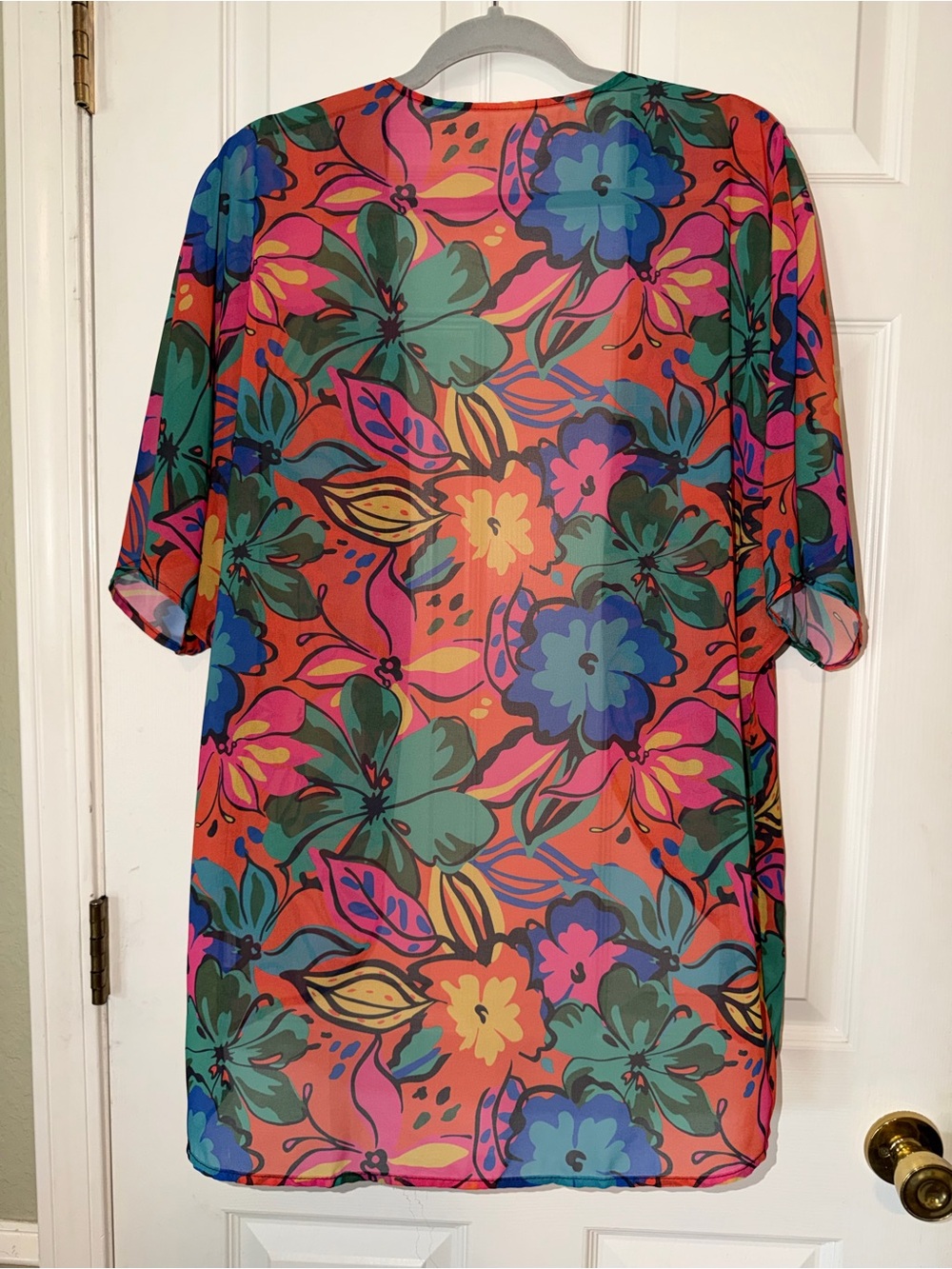 Lightweight Floral Print Sheer Kimono in Coral, Teal & Pink - Picture 3 of 5